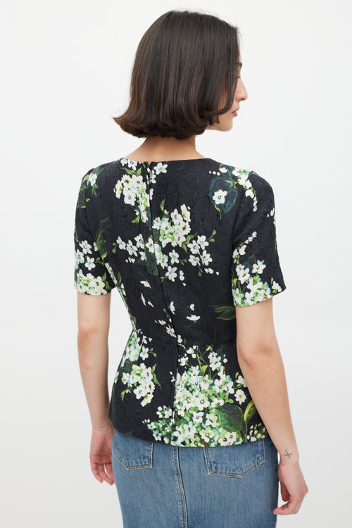 Dolce & Gabbana Black White & Green Floral Brocade Peplum Top