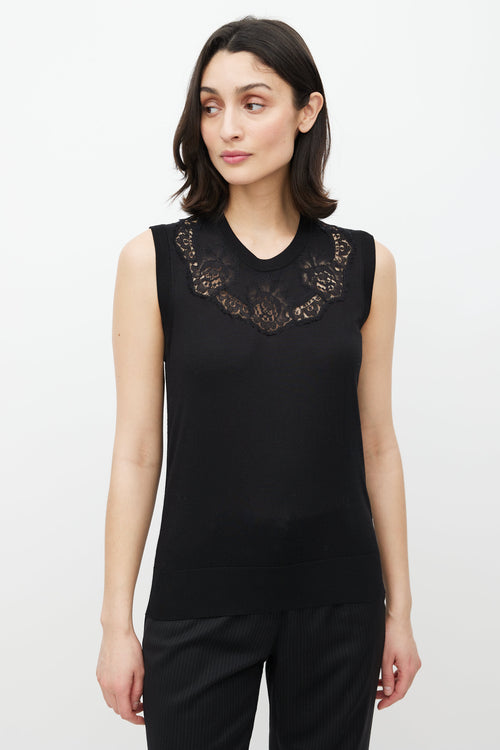 Dolce & Gabbana Black & White Silk Floral Lace Vest