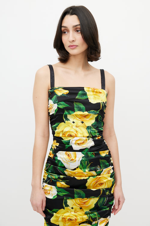 Dolce & Gabbana Black & Yellow Silk Floral Ruched Dress