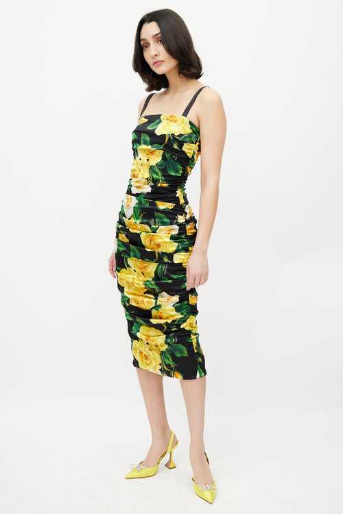 Dolce & Gabbana Black & Yellow Silk Floral Ruched Dress