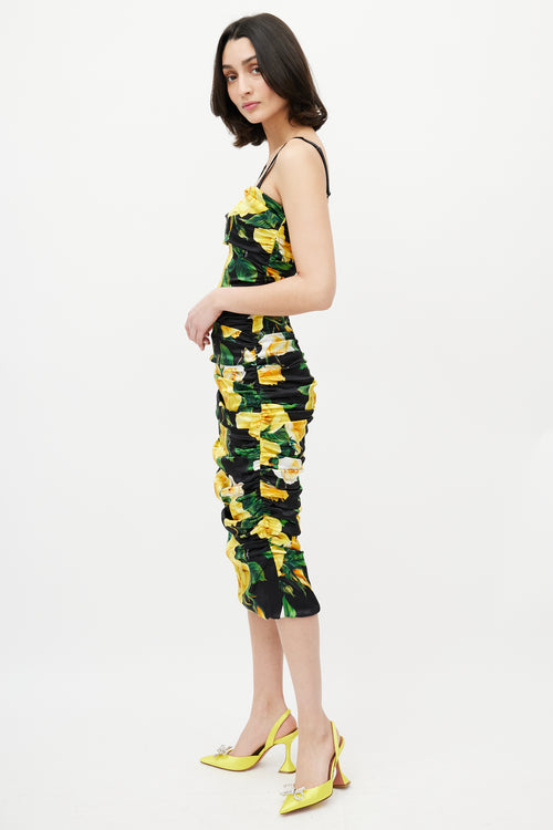 Dolce & Gabbana Black & Yellow Silk Floral Ruched Dress