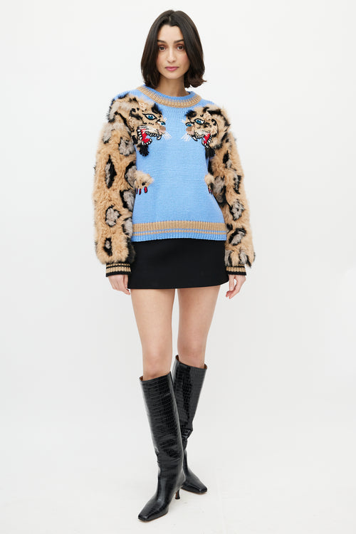 Dolce & Gabbana Blue & Brown Wool Fuzzy Print Sweater