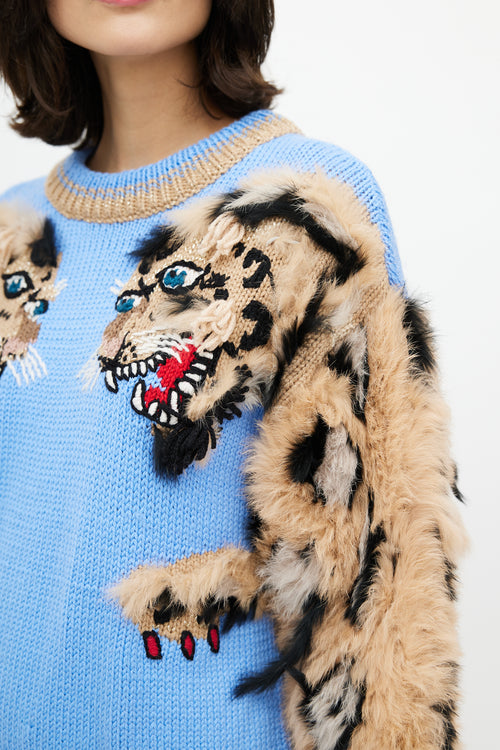 Dolce & Gabbana Blue & Brown Wool Fuzzy Print Sweater