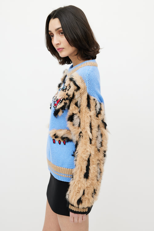 Dolce & Gabbana Blue & Brown Wool Fuzzy Print Sweater