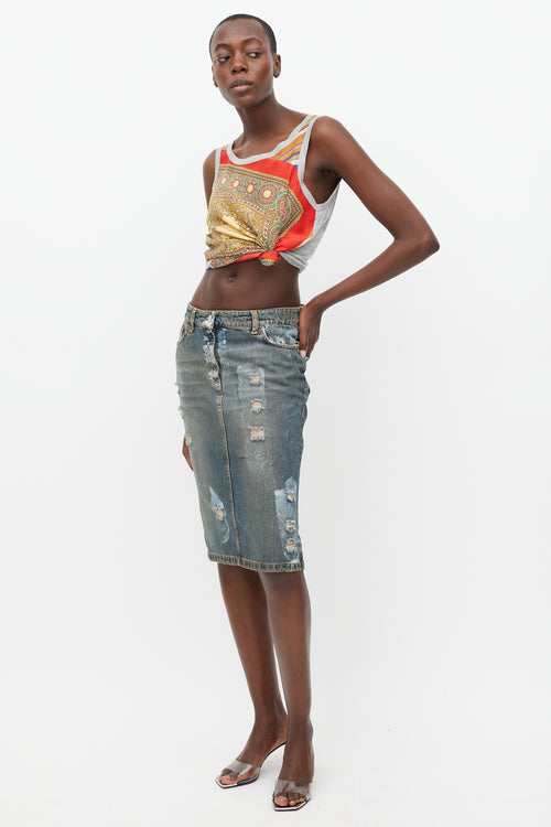 Dolce & Gabbana Blue Denim Wash Distressed Paint Skirt