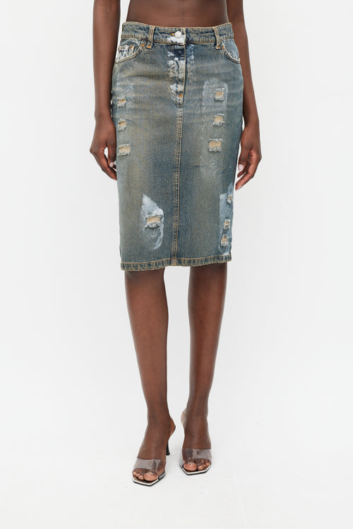 Dolce & Gabbana Blue Denim Wash Distressed Paint Skirt