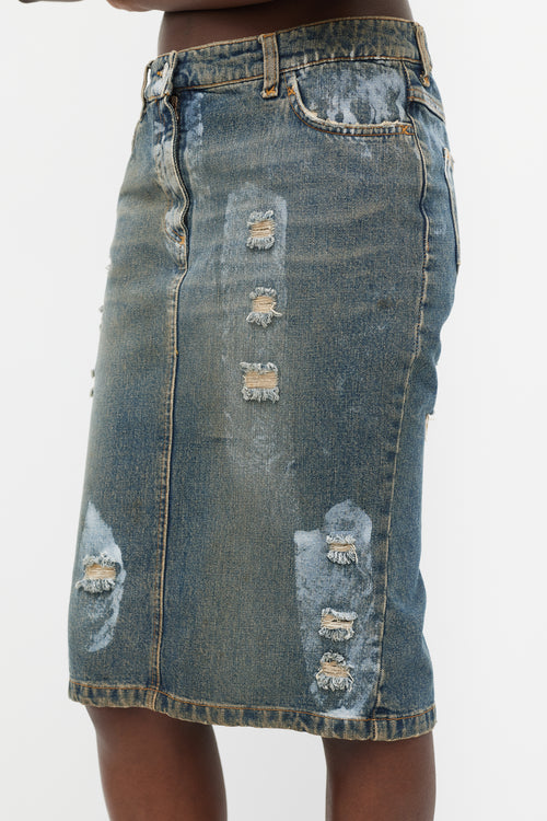 Dolce & Gabbana Blue Denim Wash Distressed Paint Skirt