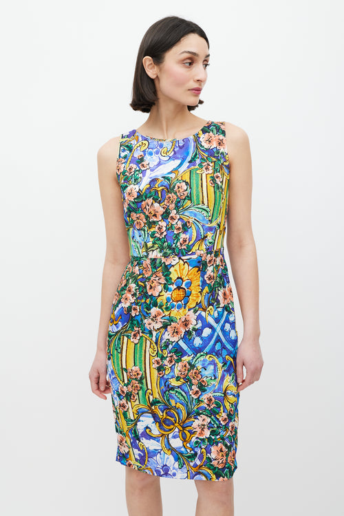 Dolce & Gabbana Blue & Multicolour Majolica Floral Dress