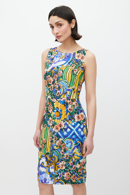 Dolce & Gabbana Blue & Multicolour Majolica Floral Dress