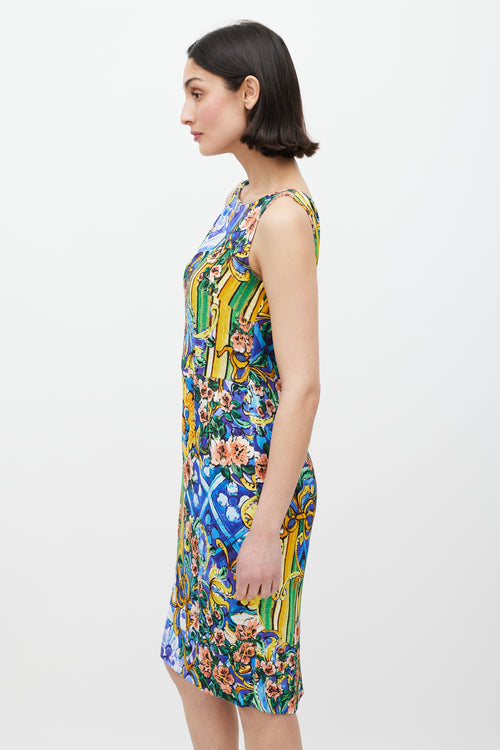 Dolce & Gabbana Blue & Multicolour Majolica Floral Dress