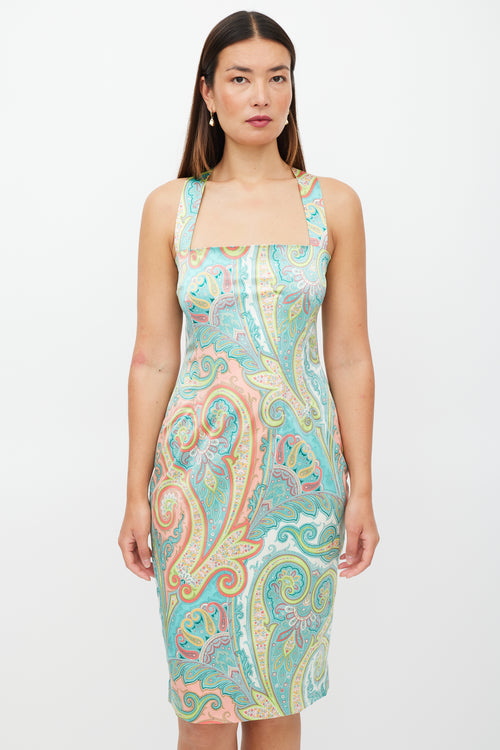 Dolce & Gabbana Blue & Multicolour Satin Paisley Dress
