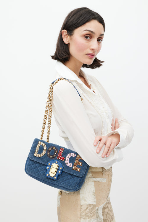 Dolce & Gabbana Blue & Multicolour Velvet Lucia Logo Bag