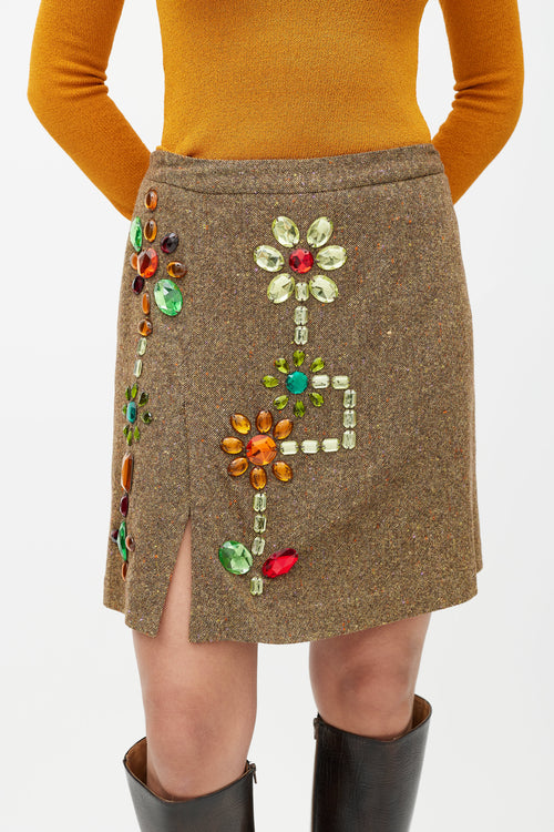 Dolce & Gabbana Brown & Multicolour Embellished Wool Skirt