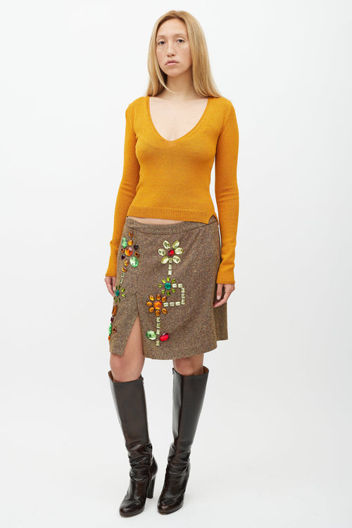 Dolce & Gabbana Brown & Multicolour Embellished Wool Skirt
