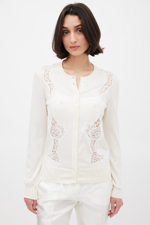 Dolce & Gabbana Cream Silk Floral Lace Panelled Cardigan