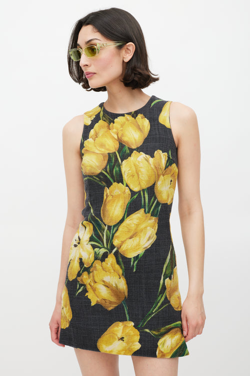 Dolce & Gabbana Dark Grey & Yellow Wool Floral Dress