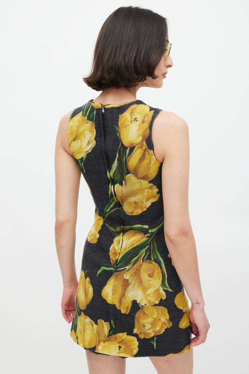 Dolce & Gabbana Dark Grey & Yellow Wool Floral Dress