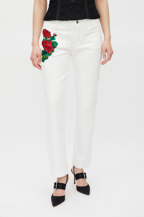Dolce & Gabbana Denim White & Multicolour Floral Applique Girly Jeans