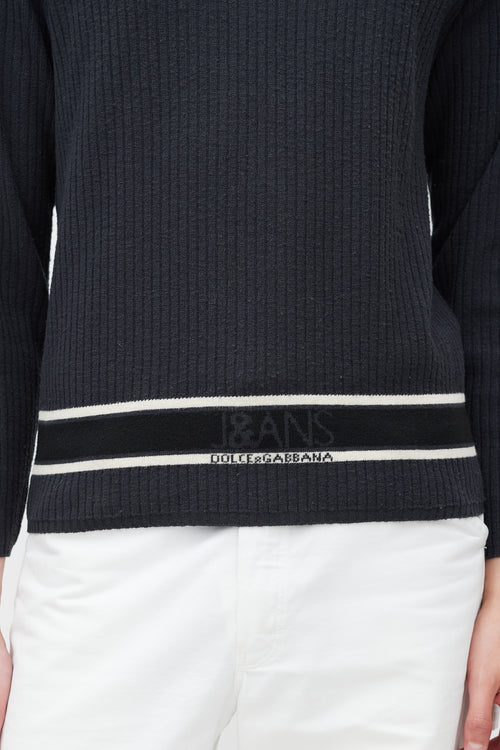Dolce & Gabbana Grey & White Wool Striped Knit Logo Sweater