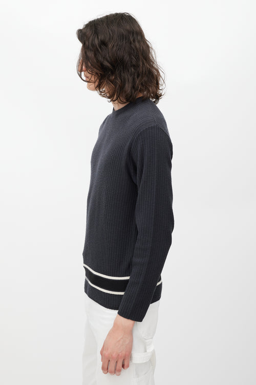 Dolce & Gabbana Grey & White Wool Striped Knit Logo Sweater