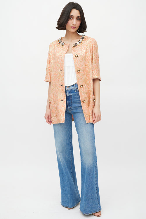 Dolce & Gabbana Pink & Gold Shiny Floral Brocade Embellished Jacket