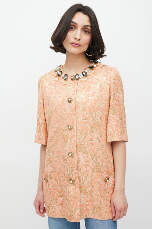Dolce & Gabbana Pink & Gold Shiny Floral Brocade Embellished Jacket