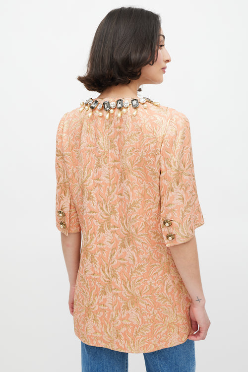 Dolce & Gabbana Pink & Gold Shiny Floral Brocade Embellished Jacket