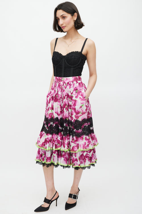 Dolce & Gabbana Purple & Multi Floral Lace Trimmed Tier Skirt