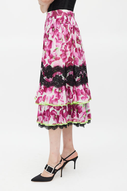 Dolce & Gabbana Purple & Multi Floral Lace Trimmed Tier Skirt