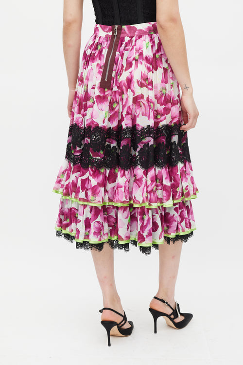 Dolce & Gabbana Purple & Multi Floral Lace Trimmed Tier Skirt