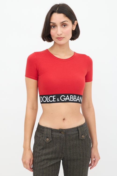 Dolce & Gabbana Red & Black Logo Elastic Cropped T-Shirt