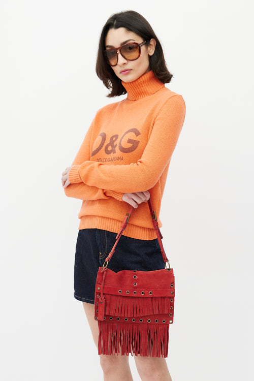 Dolce & Gabbana Red Suede Fringe Shoulder Bag