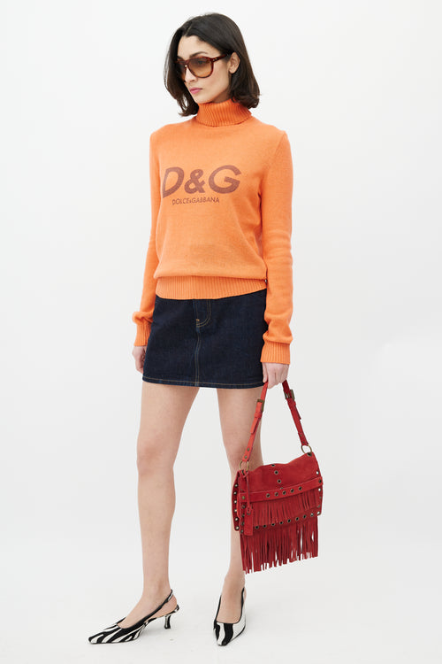 Dolce & Gabbana Red Suede Fringe Shoulder Bag