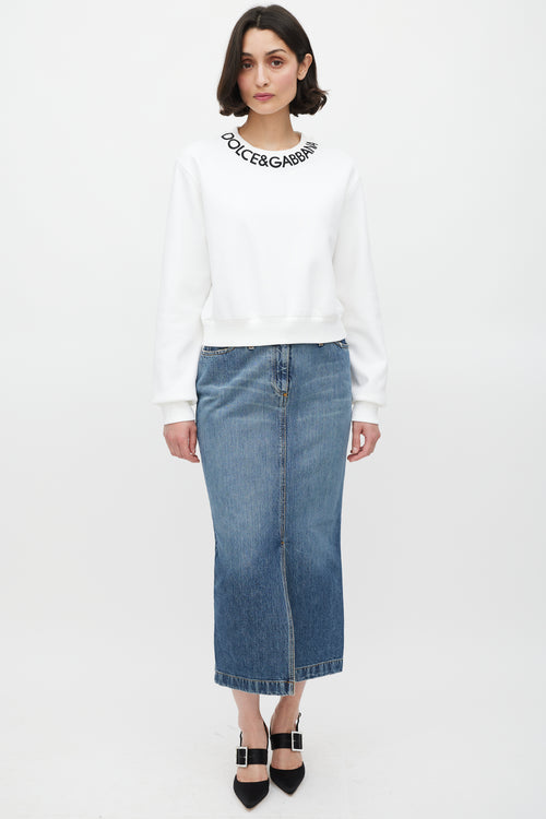 Dolce & Gabbana White & Black Embroidered Logo Crewneck Sweater