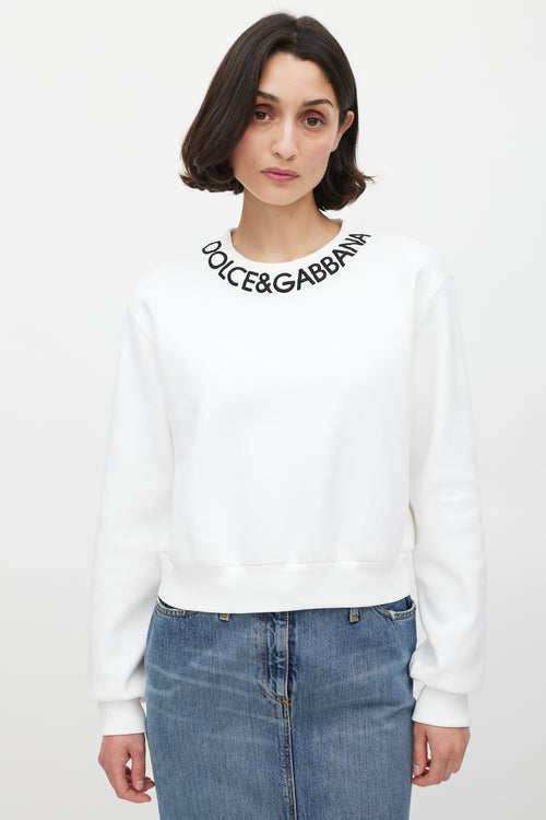 Dolce & Gabbana White & Black Embroidered Logo Crewneck Sweater
