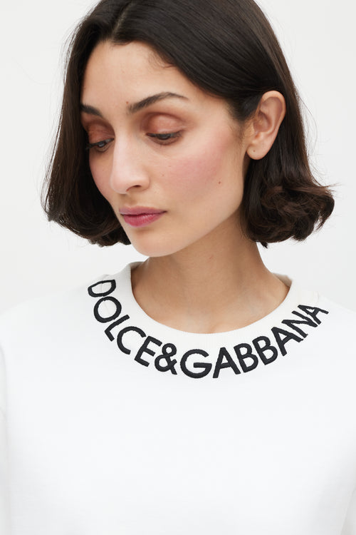 Dolce & Gabbana White & Black Embroidered Logo Crewneck Sweater