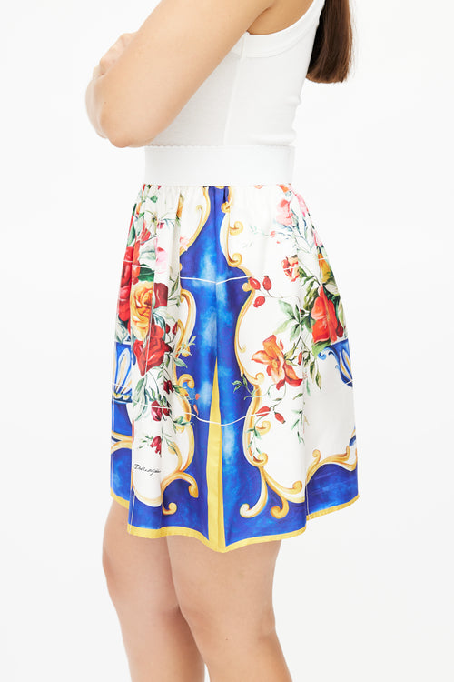 Dolce & Gabbana White & Multicolour Silk Majolica Skirt