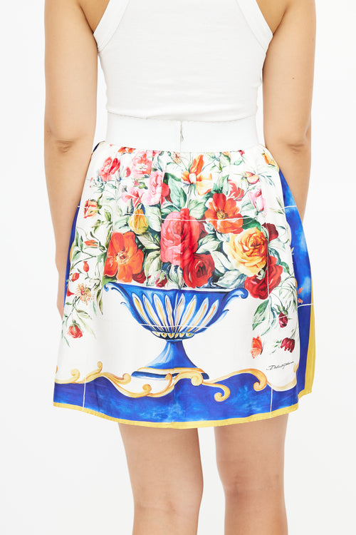 Dolce & Gabbana White & Multicolour Silk Majolica Skirt