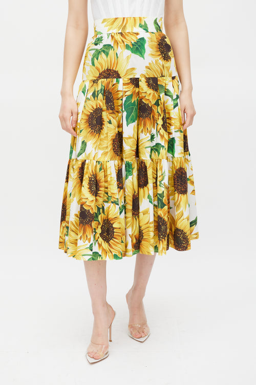Dolce & Gabbana Yellow & Multicolour Cotton Floral Tiered Skirt