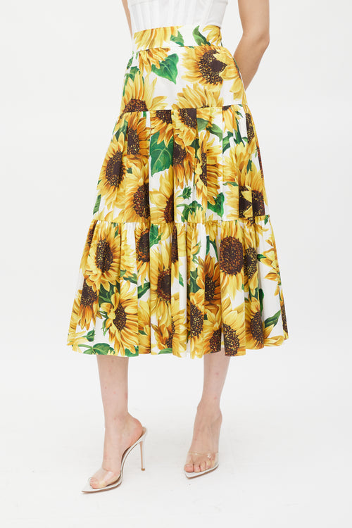 Dolce & Gabbana Yellow & Multicolour Cotton Floral Tiered Skirt