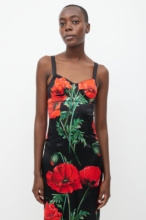 Dolce & Gabbana Black & Red Silk Floral Dress