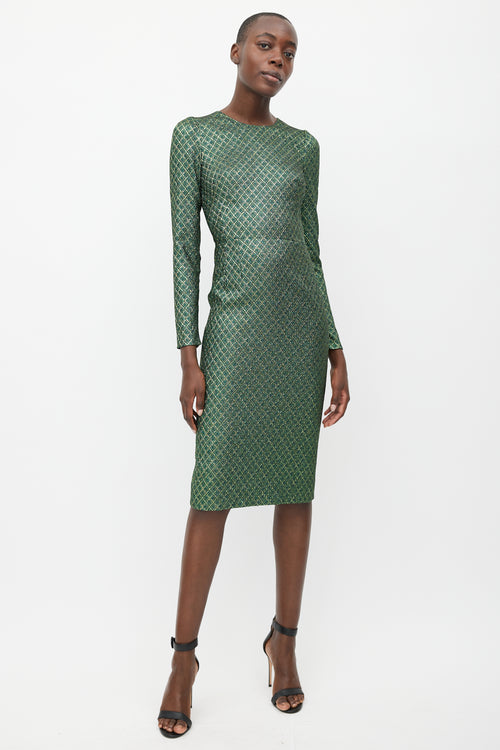 Dolce & Gabbana Green & Gold Metallic Long Sleeve Dress