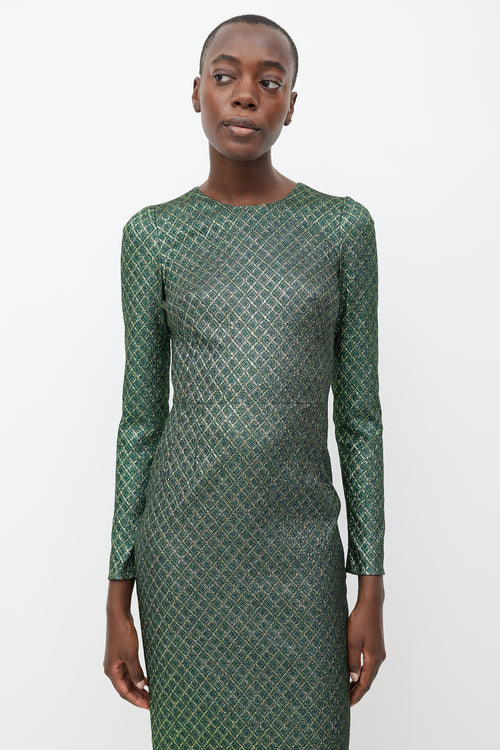 Dolce & Gabbana Green & Gold Metallic Long Sleeve Dress