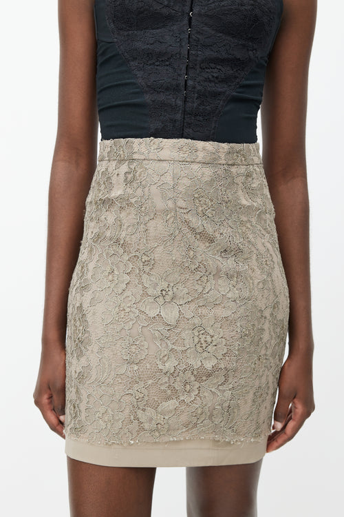 Dolce & Gabbana Khaki Green Lace Pencil Skirt