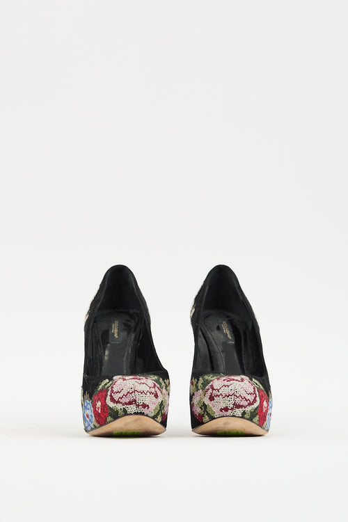 Dolce & Gabbana Black & Multi Suede Floral Heel