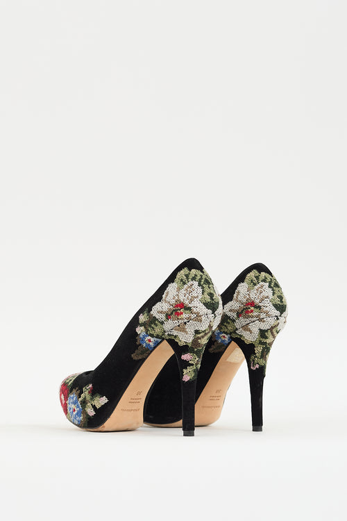 Dolce & Gabbana Black & Multi Suede Floral Heel