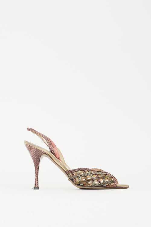 Dolce & Gabbana Pink & Green Textured Leather Latticed Heel