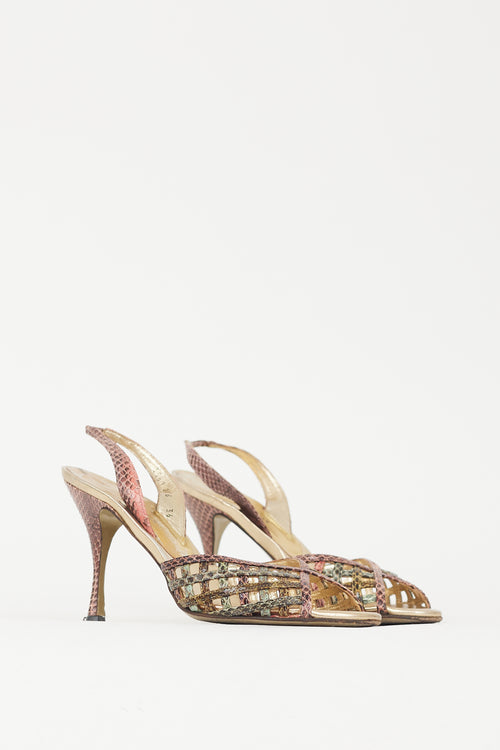 Dolce & Gabbana Pink & Green Textured Leather Latticed Heel