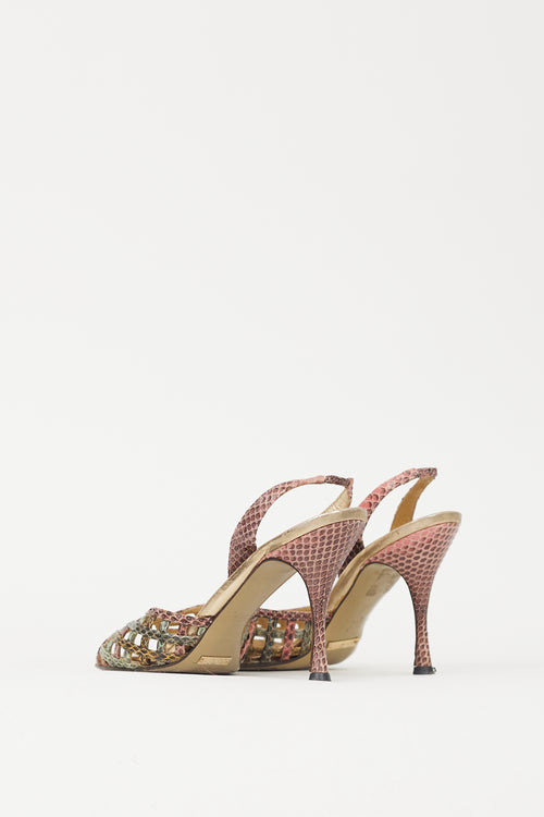 Dolce & Gabbana Pink & Green Textured Leather Latticed Heel
