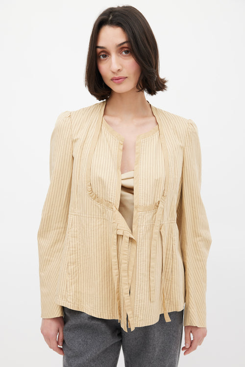 Dries Van Noten Beige Cotton & Linen Striped Tie Front Top